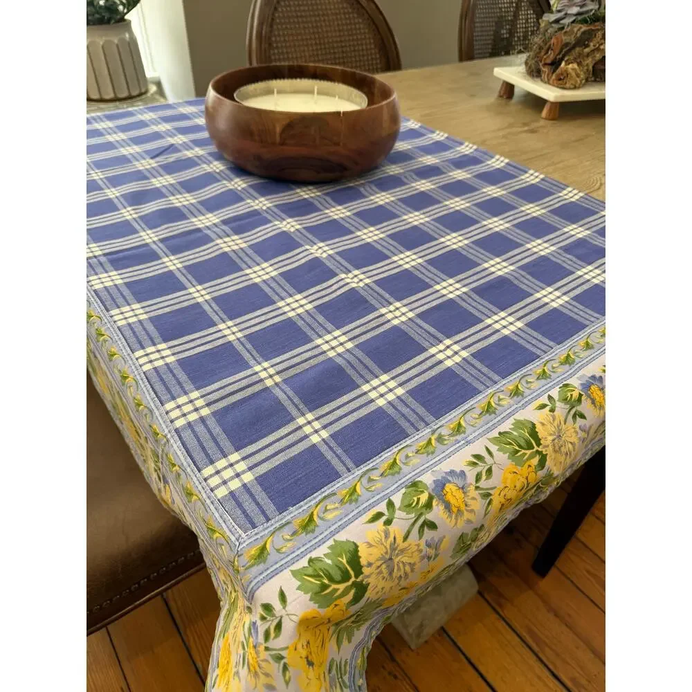 Williams Sonoma Reversible CottonTablecloth Lavender Check Yellow Floral Print